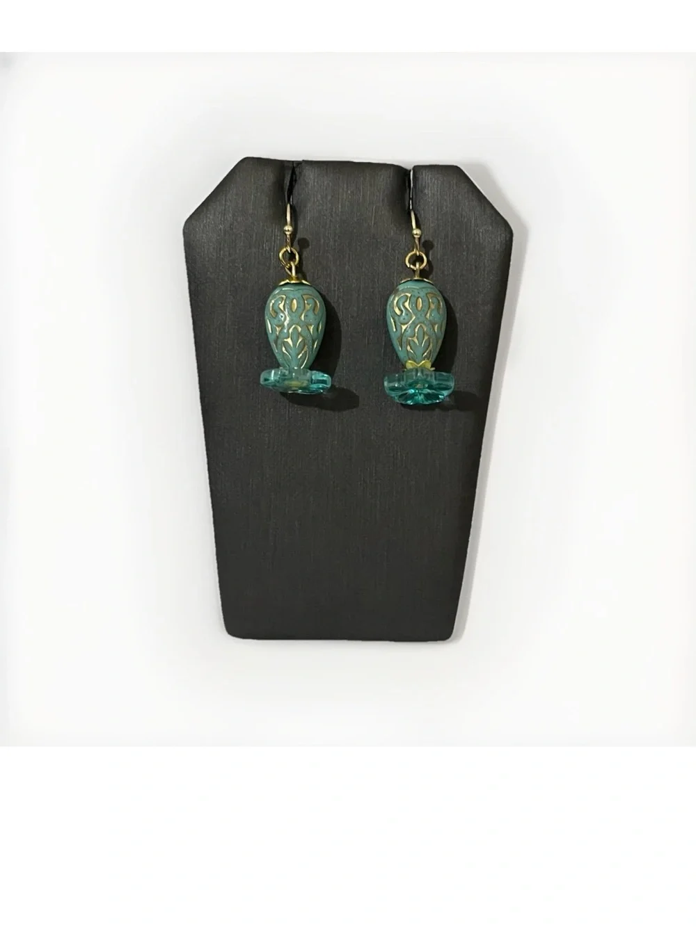 Artisan Handmade Aqua Teal Bead Boho Earrings Gold Filigree Etched Floral
